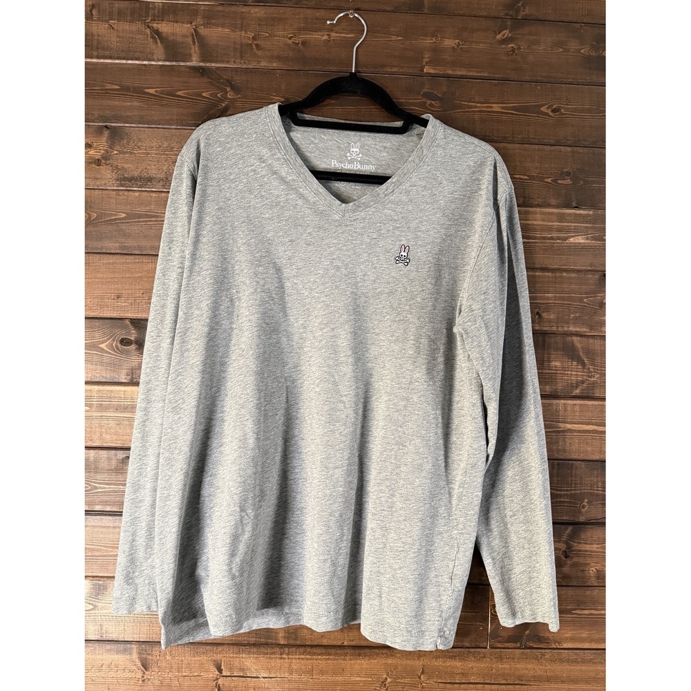 Psycho Bunny Men's Gray Bunny Logo V-Neck Long Sleeve T-Shirt Size 6 Large